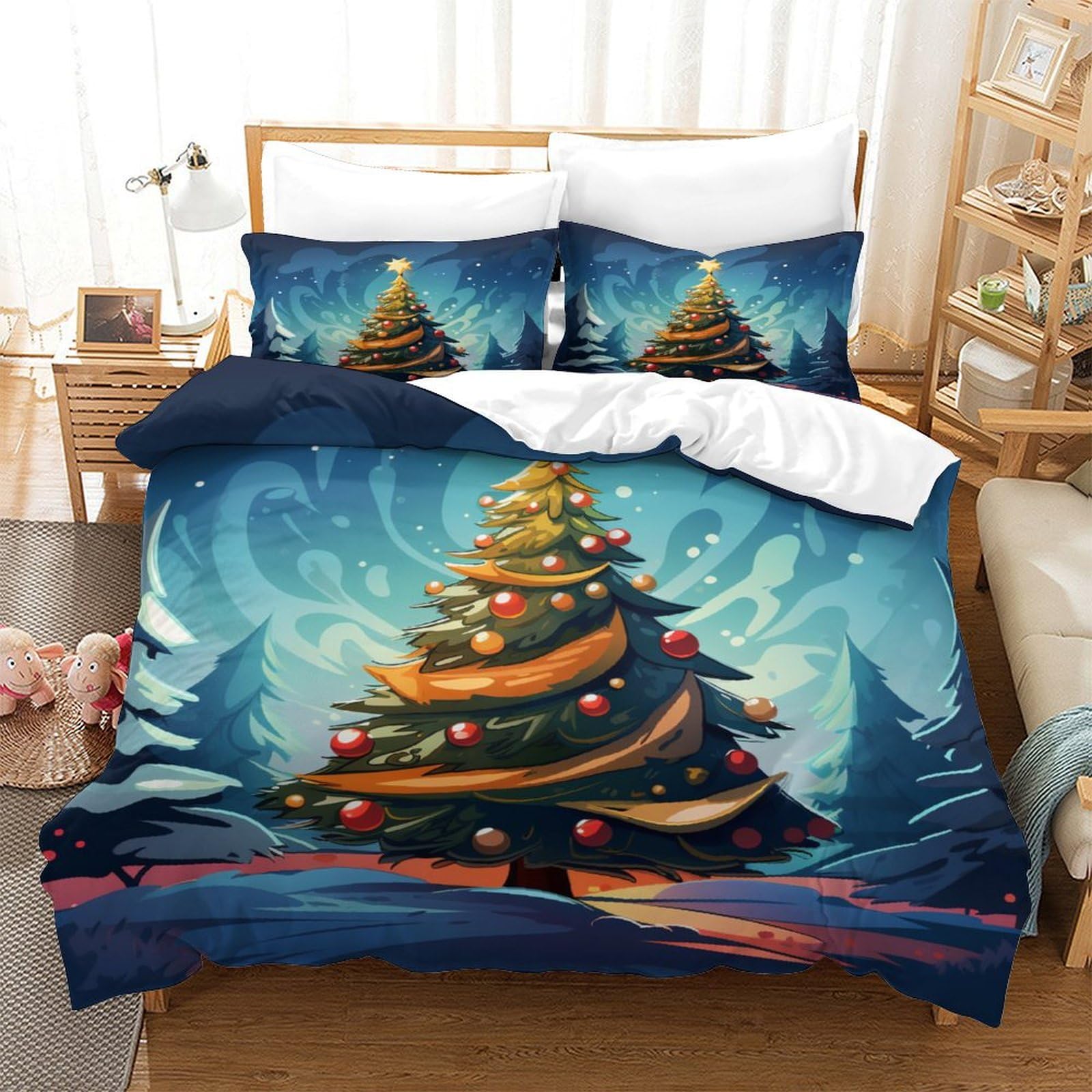 Housse de couette Noël 140x200 cm avec sapins pour chambre d'enfant festive