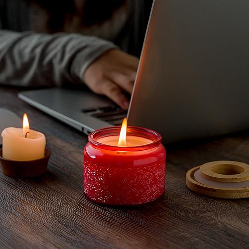 Miniatura 24 de Paquete de 18 recipientes de vela de vidrio en relieve de 4 onzas con tapas y etiquetas de bambú, tarros de vela rosa para hacer velas, diseño