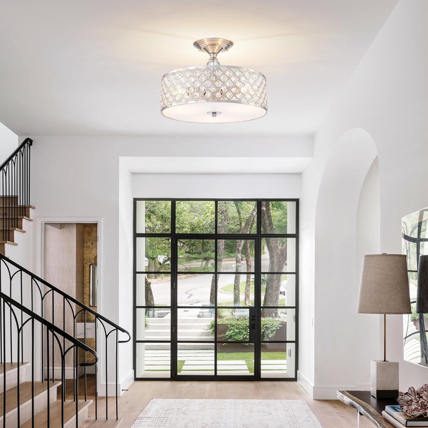 3-Light Brushed Nickel Semi Flush Mount Ceiling Light Fixture,Modern Drum Crystal Metal Acrylic Round Close to Ceiling Light