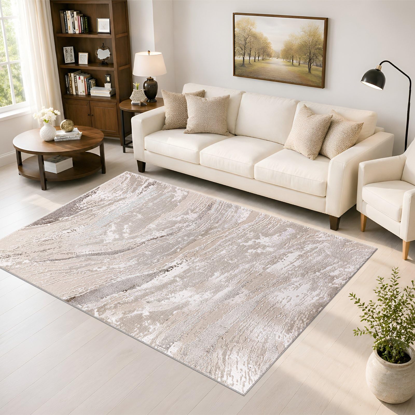 renoazul® Medium Pile Living Room Rugs Large - Jeze Abstract Beige Rug - 160 x 230 cm - Washable Hearth Rugs For Fireplaces, Lounge and Dining Room