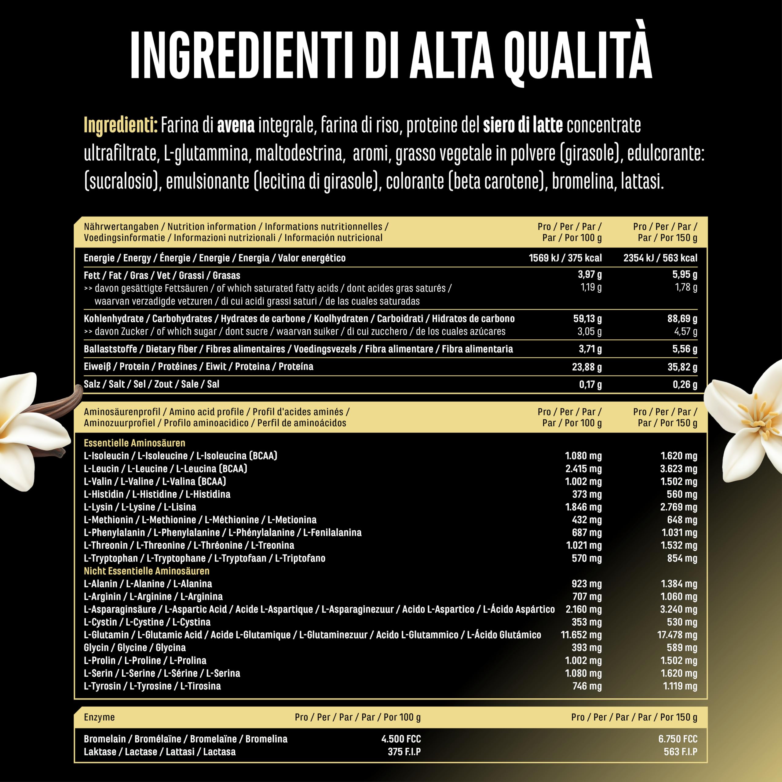 Clean Weight Gainer - 3 kg - Con Carboidrati Complessi e Proteine - Ideale per la Fase di Massa - Polvere per l’Aumento di Massa e di Peso - Vegetariano - Gusto Vanilla