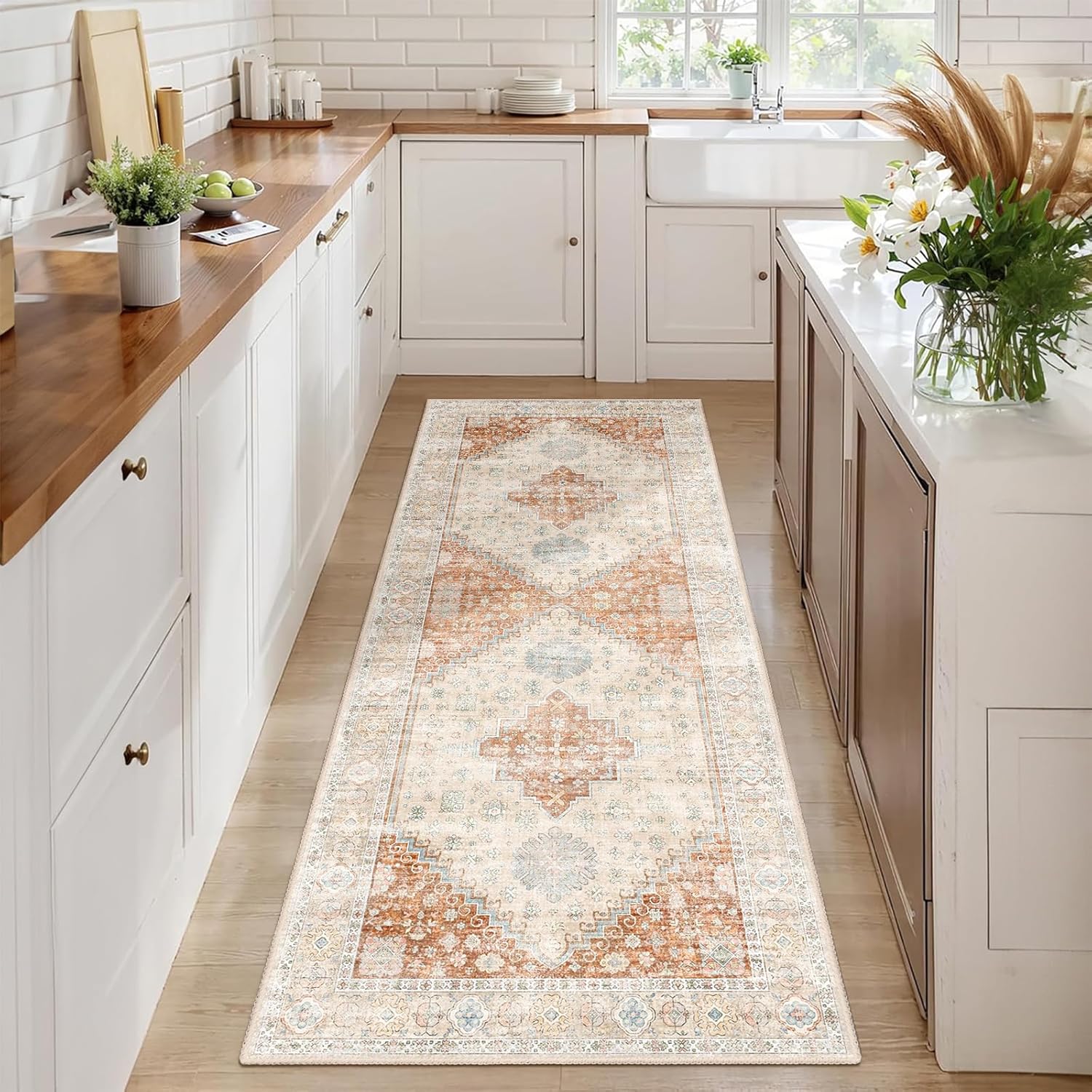 MUJOO Washable Runner Rug,2x6 Runners for Kitchen Bathroom Hallway Bedroom Entryway Laundry,Non Slip Long Mat Indoor,Boho Throw Carpet Low Pile Terracotta - Image 2