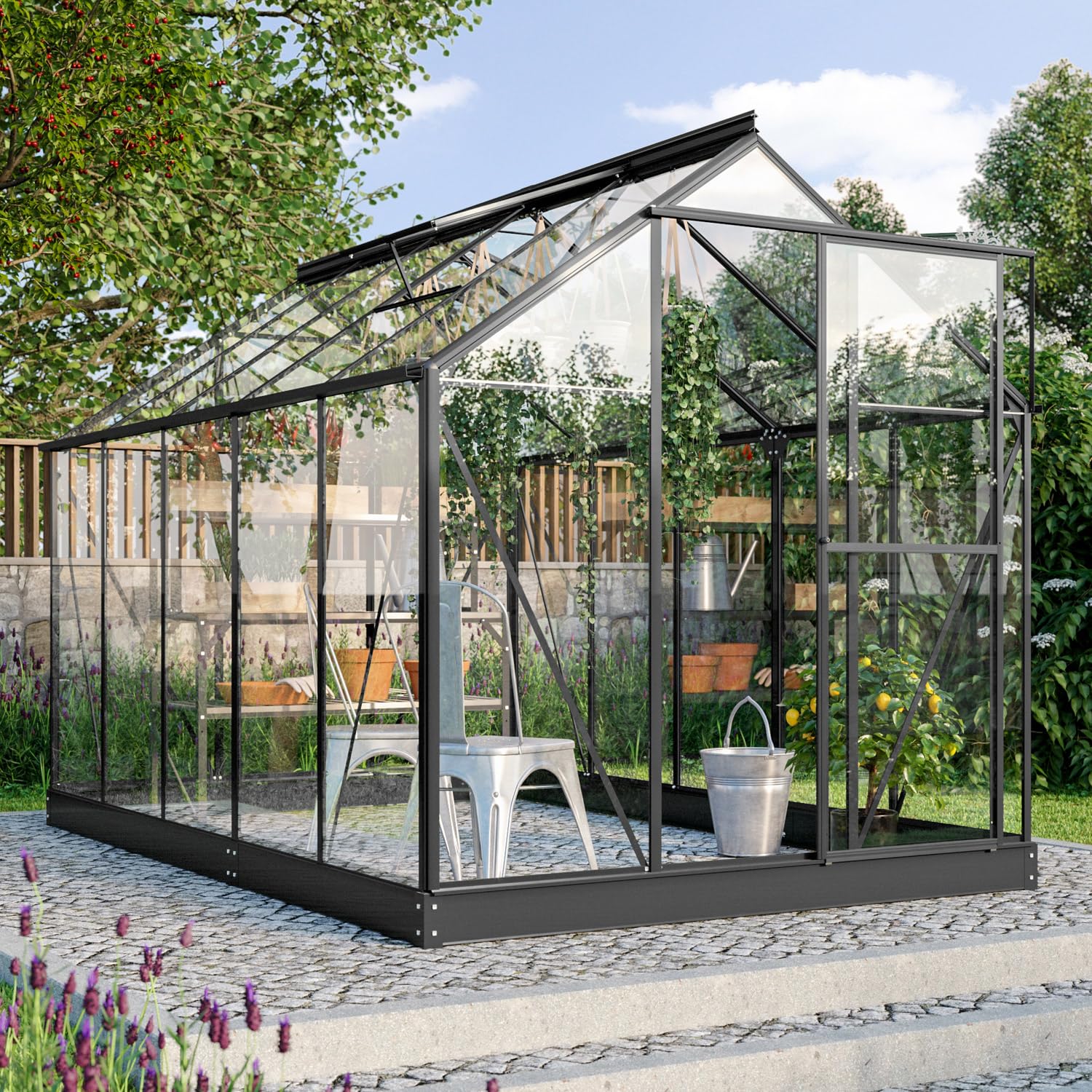 Vitavia Gewächshaus Triton 6200" inkl. Stahlfundament, schwarz, 6,2 m², 3 mm ESG | Wetterfestes & stabiles Treibhaus | Perfekt für Gemüse & Pflanzen | Robust & langlebig