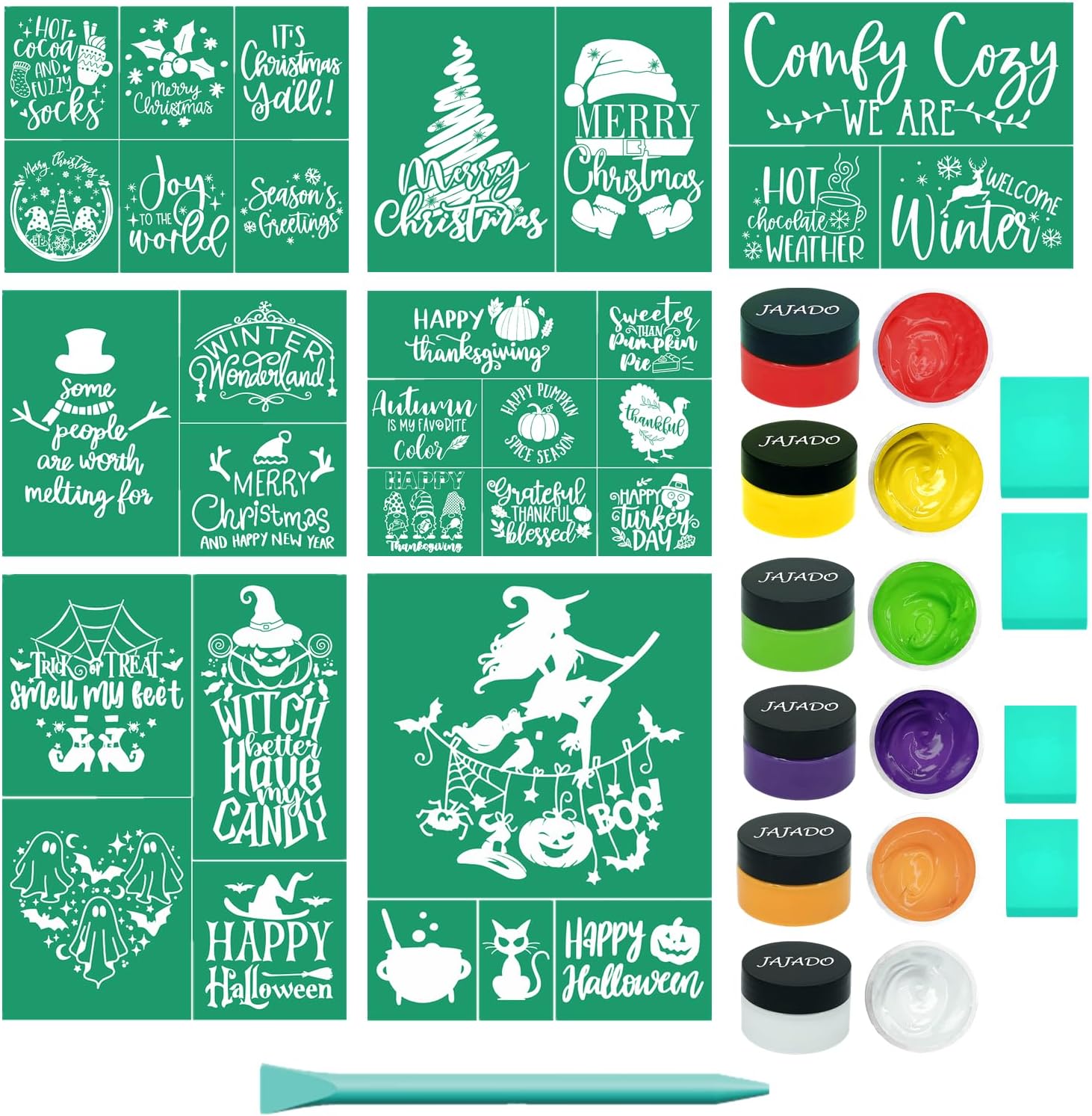 JAJADO Silk Screen Stencils Halloween Chalk Paste Paint Set 20 Pcs, Silk Screen Transfers Chalk Paint for Crafts on Christmas Shirts Stencils Party Living Room Kitchen Office Bar Decorations