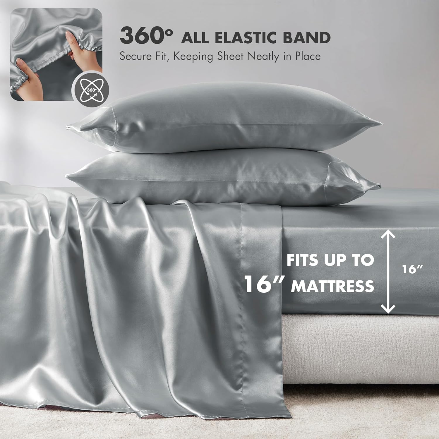 Madison Park Satin Sheets Split King Size, Luxurious Silky Bed Sheets, Elastic 14" Pocket fits up to 16" Mattress, Wrinkle-Free, Soft Satin Bed Sheet Set, Grey 7 Piece