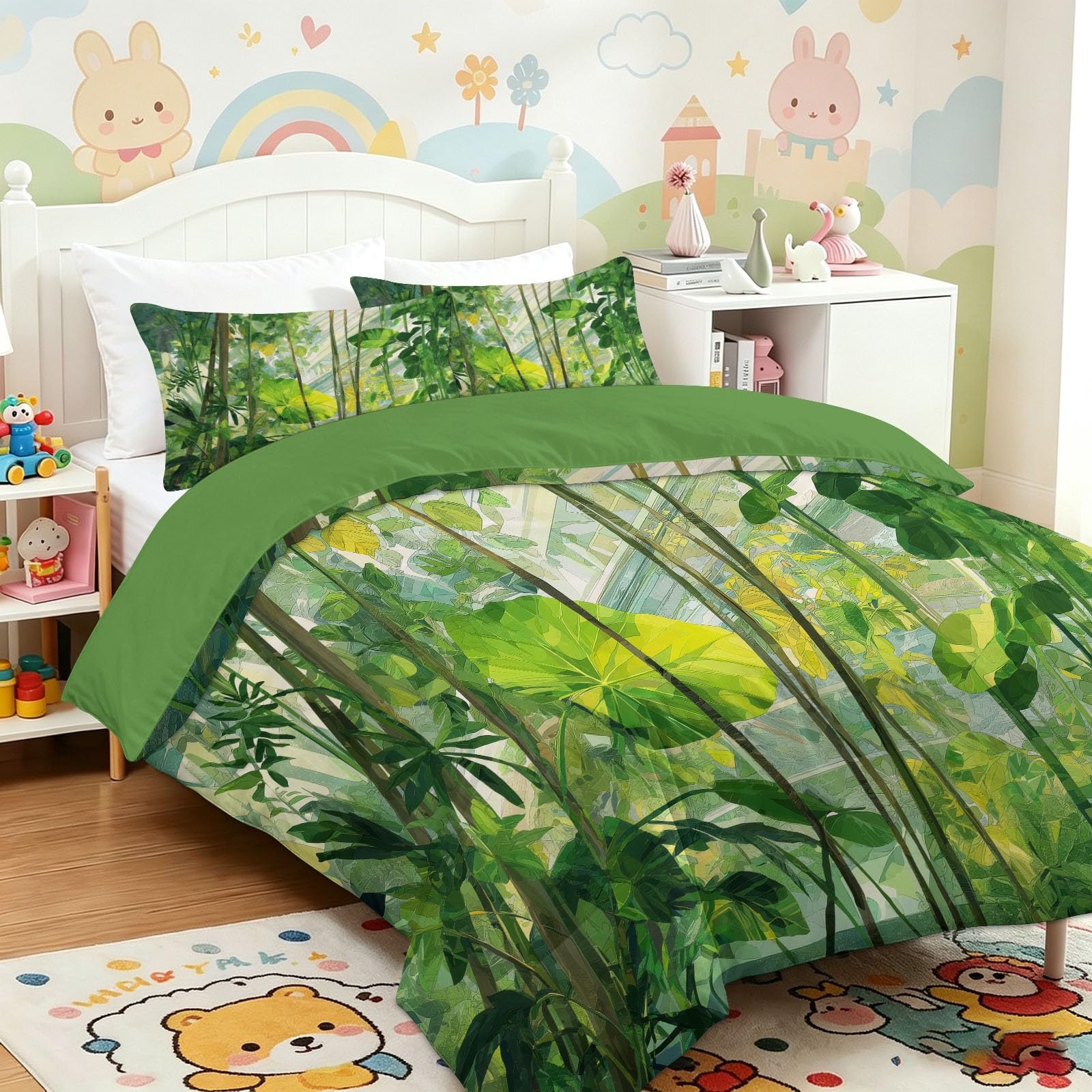 Poszwa na kołdrę 200 x 200 cm zielona dżungla akwarela zestaw pościeli z mikrofibry poszwa na kołdrę roślina gałąź lilia wodna z nadrukiem, lekka, oddychająca 3-częściowa z zamkiem błyskawicznym