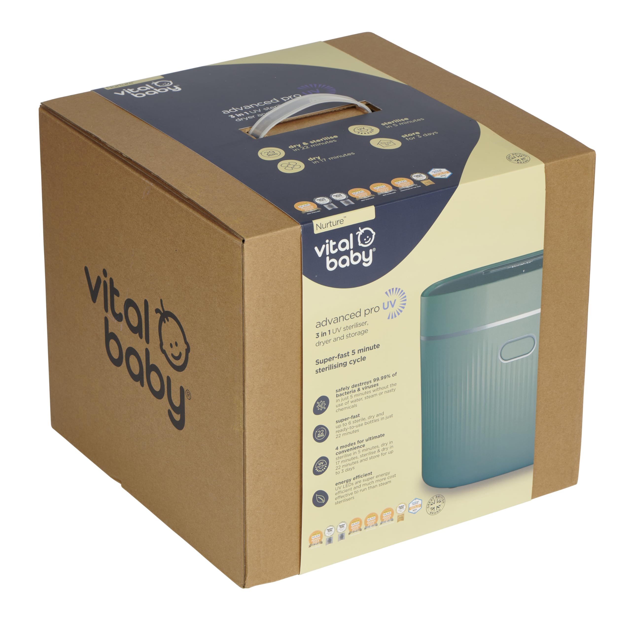 Vital Baby Stérilisateur UV pour biberons et accessoires - Tue 99,99% des germes en 5 minutes, stérilise, sèche et stocke, sans eau, vapeur ou produits chimiques - Vert olive