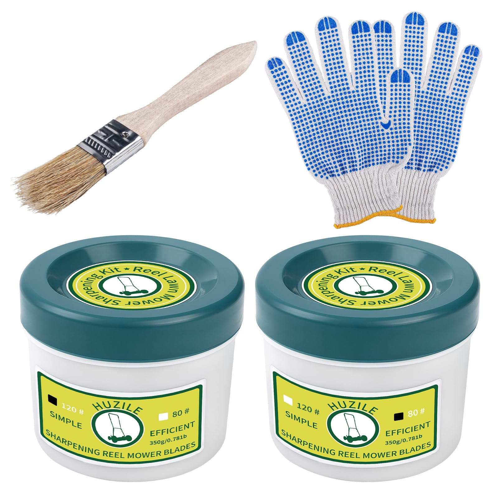 huzile 2PCS Reel Lawn Mower Sharpening Kit, 80 Grit and 120 Grit Compound Sharpening Kit, Backlapping Compound for Manual Reel Mower, Glove and Brush