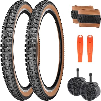 Mountain City Bicycle Tires with Aggressive Tread, Anti-Slip, Excellent Grip Water Drainage - Compatible with MTB, Hybrid, Commuter Bikes Brown Side2 Tires&2Tubes, 26x2.3 inch
