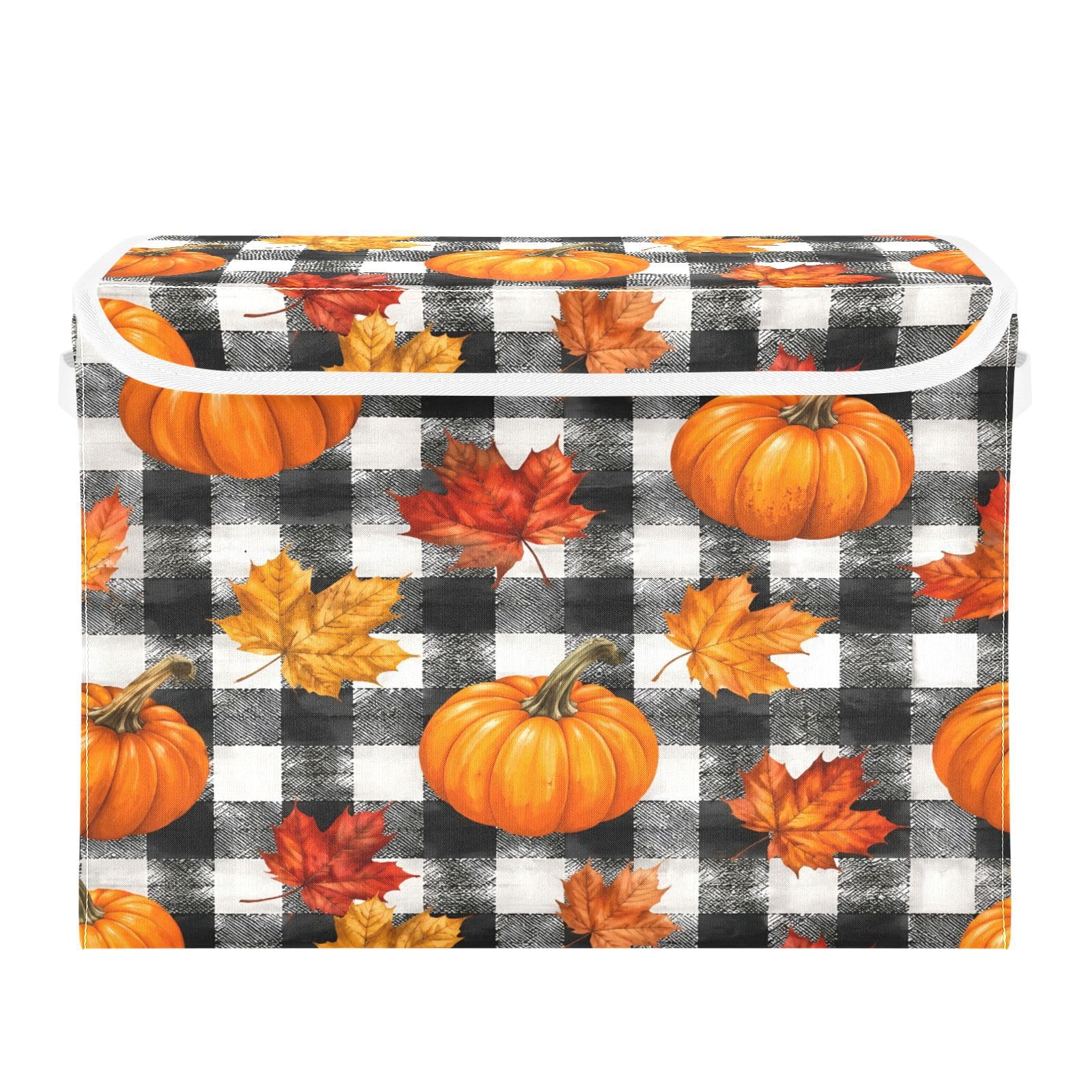 Ewusp Halloween Pumpkins Fabric Storage Bin with Lid, Decorative Foldable Storage Basket with Handles, Stackable Closet Shelf Organiser Box for Clothes, Books, Bedroom, Living Room