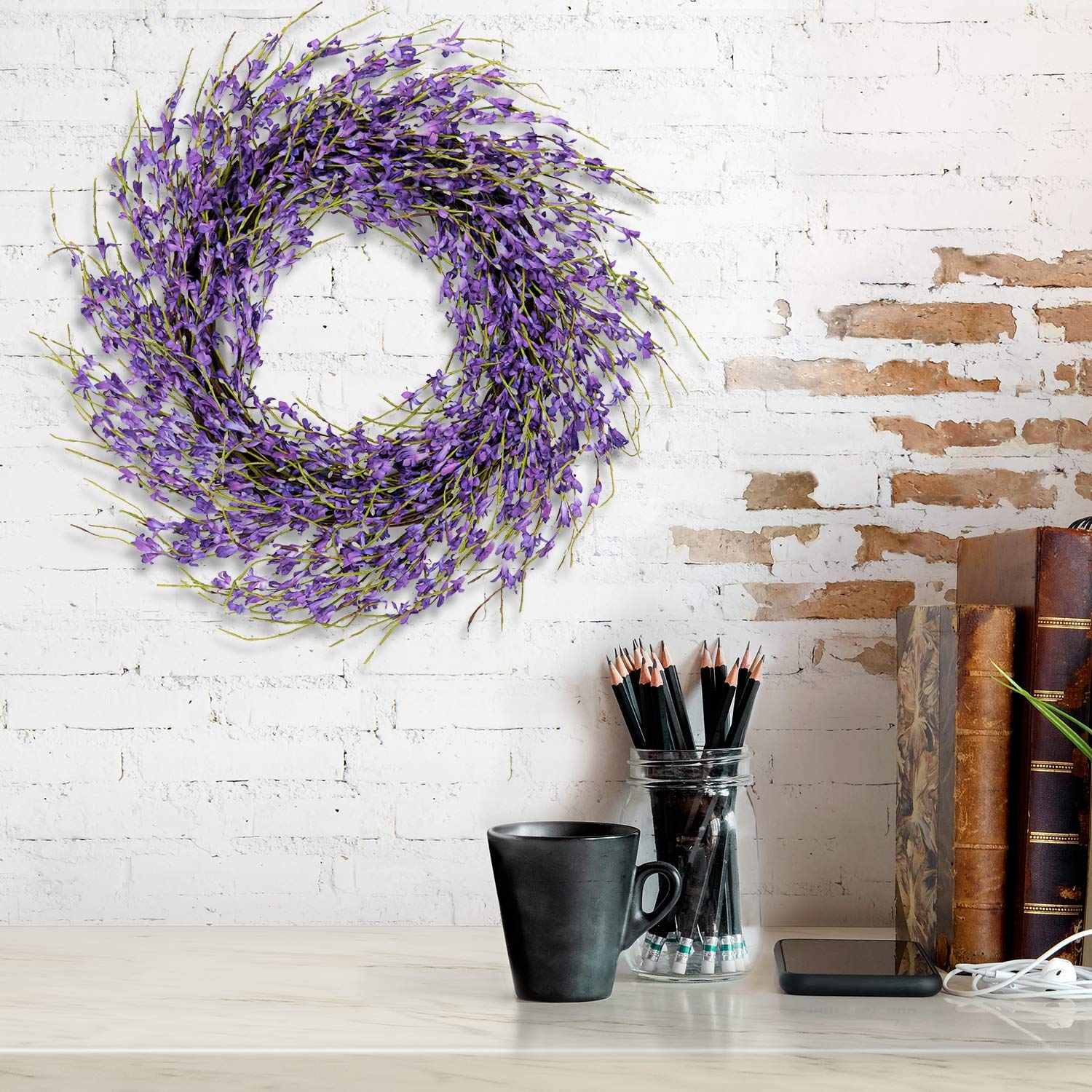 Homekaren Spring Wreaths 22 inch for Front Door, Purple Elegant Lavender Floral Wreath for Spring and Summer, Wall and Outdoor Home Decoration