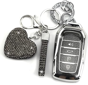 Key Fob Cover with Diomond Keychain Car Key Shell Compatible with Toyota Camry Venza RAV4 Prime Land Cruiser Fortuner Grand Highlander Corolla, 4 Buttons Black