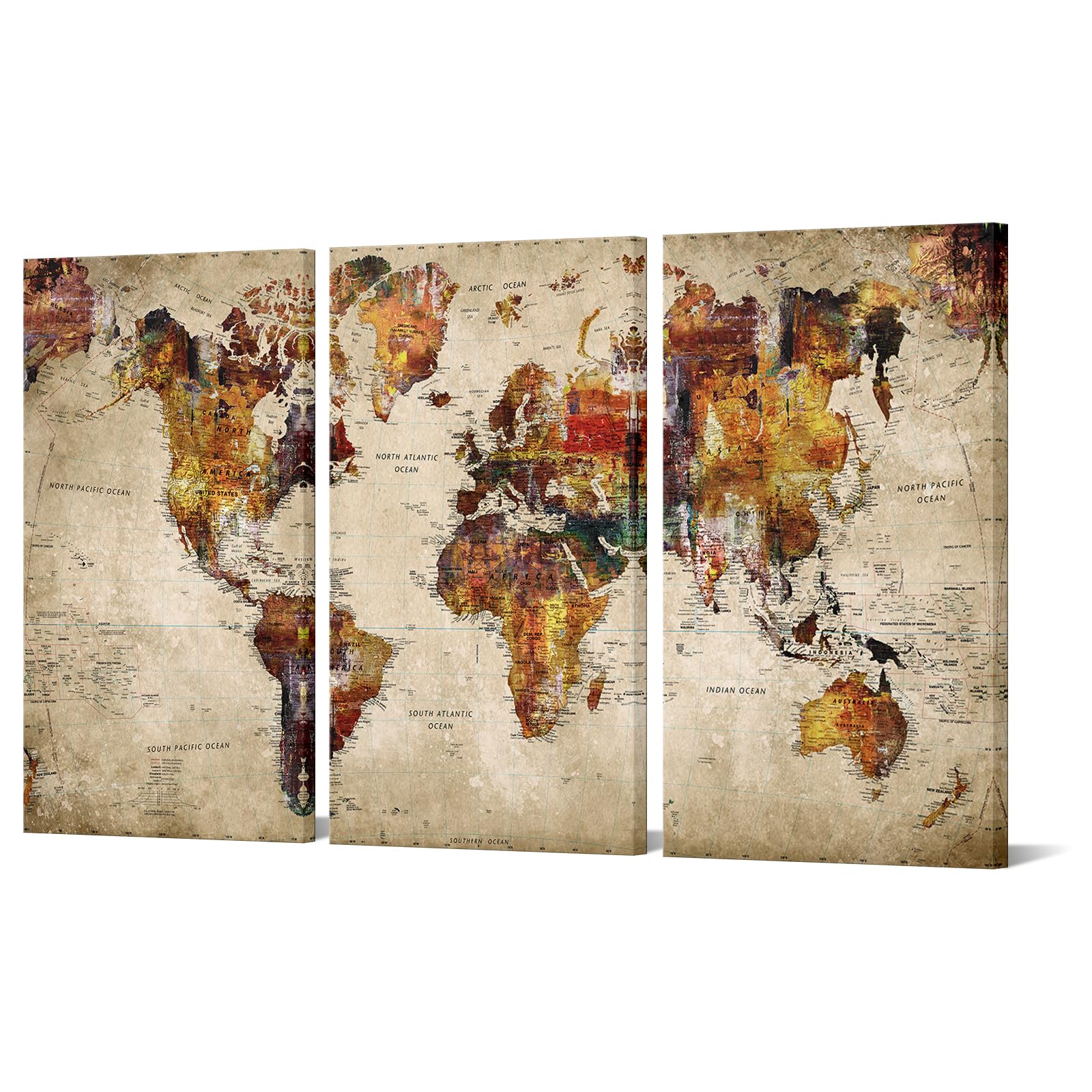 3 Piece World Map Canvas Wall Art 20x36 Inch Each Rustic Vintage Style Earth Map Artwork Stretched Canvas Ready to Hang for Living Room Office Classroom or Study Room Decoration