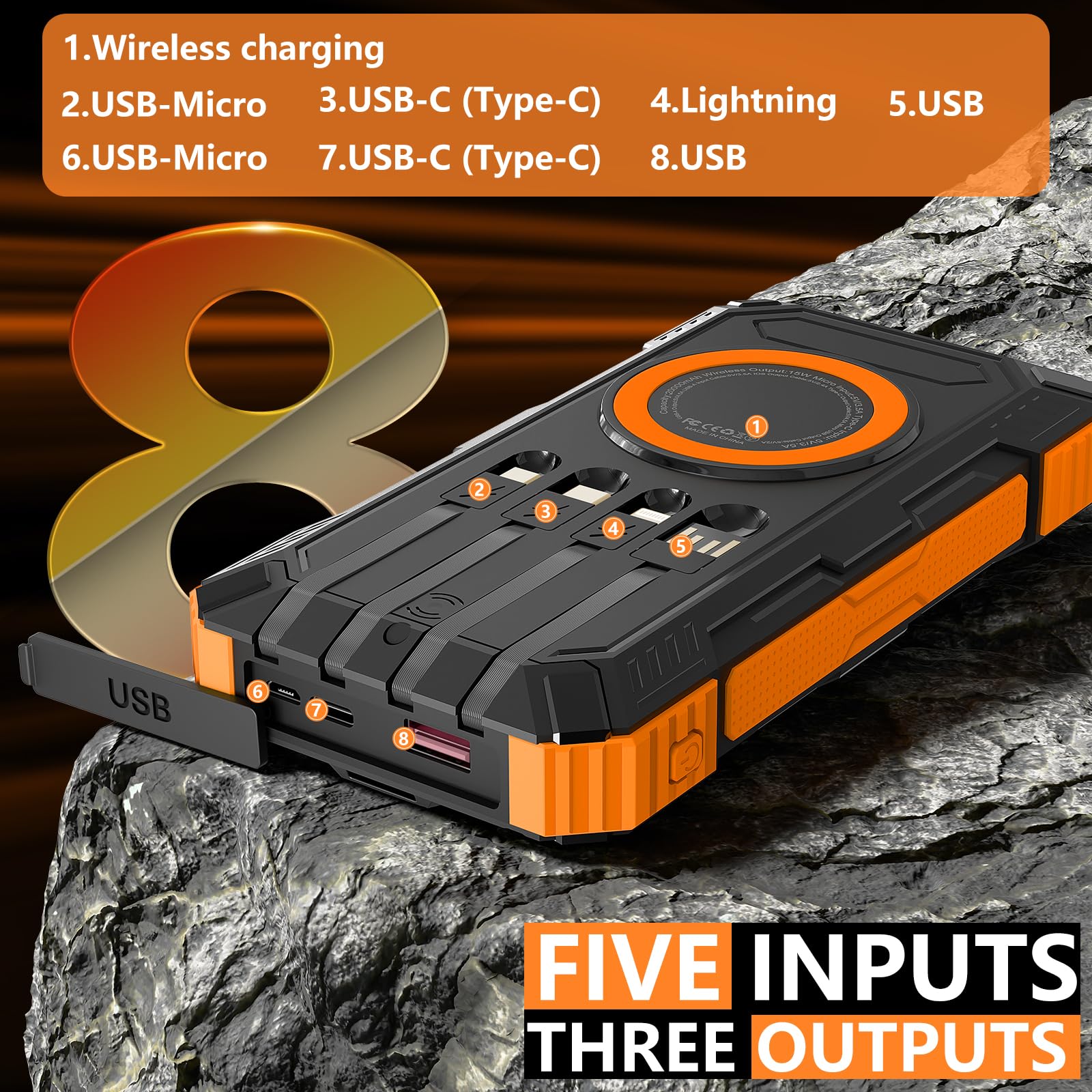 Caricatore solare Power Bank, 20000mah 15W Caricabatterie wireless con porta di ricarica rapida 5V/3A PD22.5W, caricatore portatile a pannello solare, caricatore del telefono integrato 4 cavi