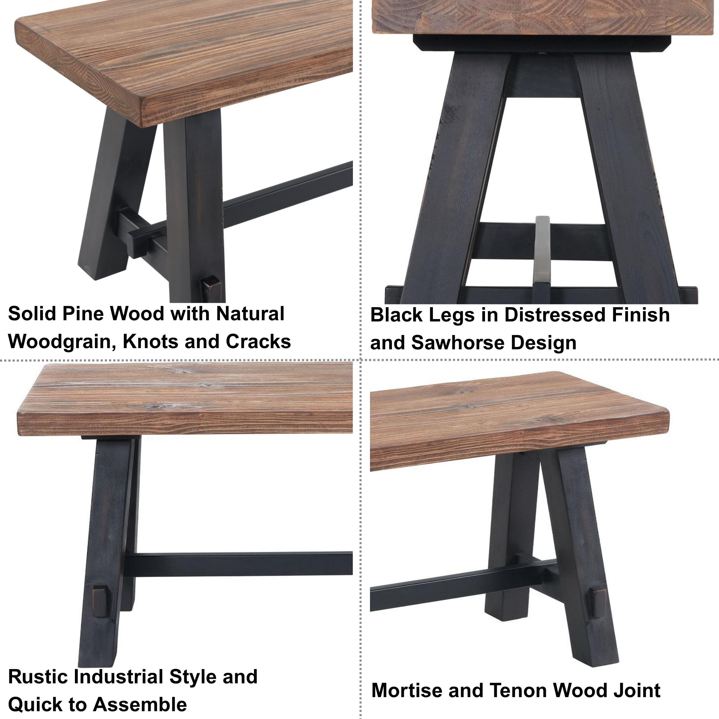 Adam 48-Inch Rustic Industrial Solid Wood Entryway Bench with Distressed Black Sawhorse Legs – Sturdy Accent Seating for Living Room, Mudroom, Dining Room, and Laundry Room by Alaterre Furniture