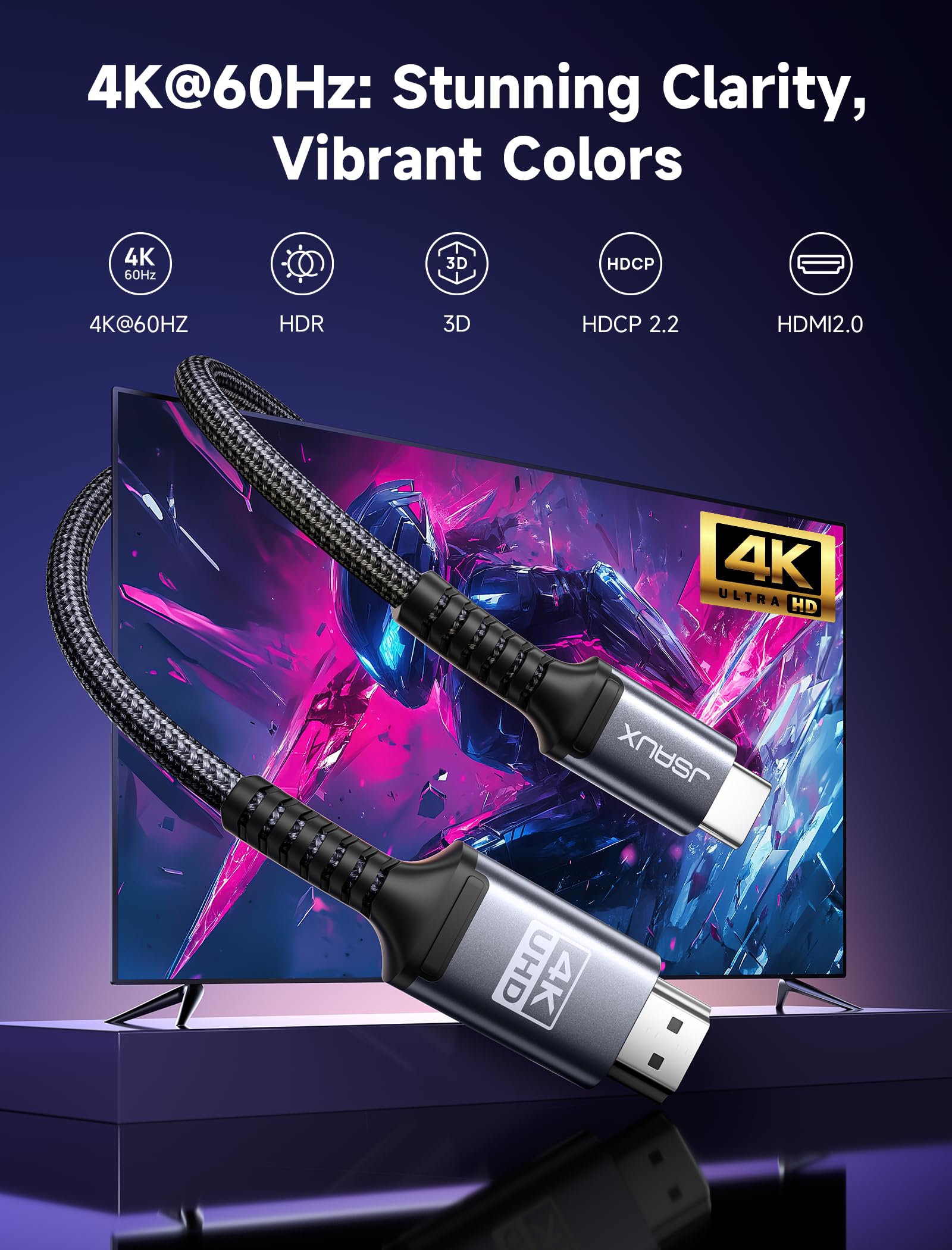 JSAUX Cavo USB C a HDMI 4K 60 Hz 2M, USB Tipo C a HDMI compatibile con 4K 30 Hz UHD, per Thunderbolt 3, iPhone 17 16 Pro 15, MacBook Pro Air 2018, iPad Pro, Galaxy S25 S24 S10 S9, Surface Book Grigio