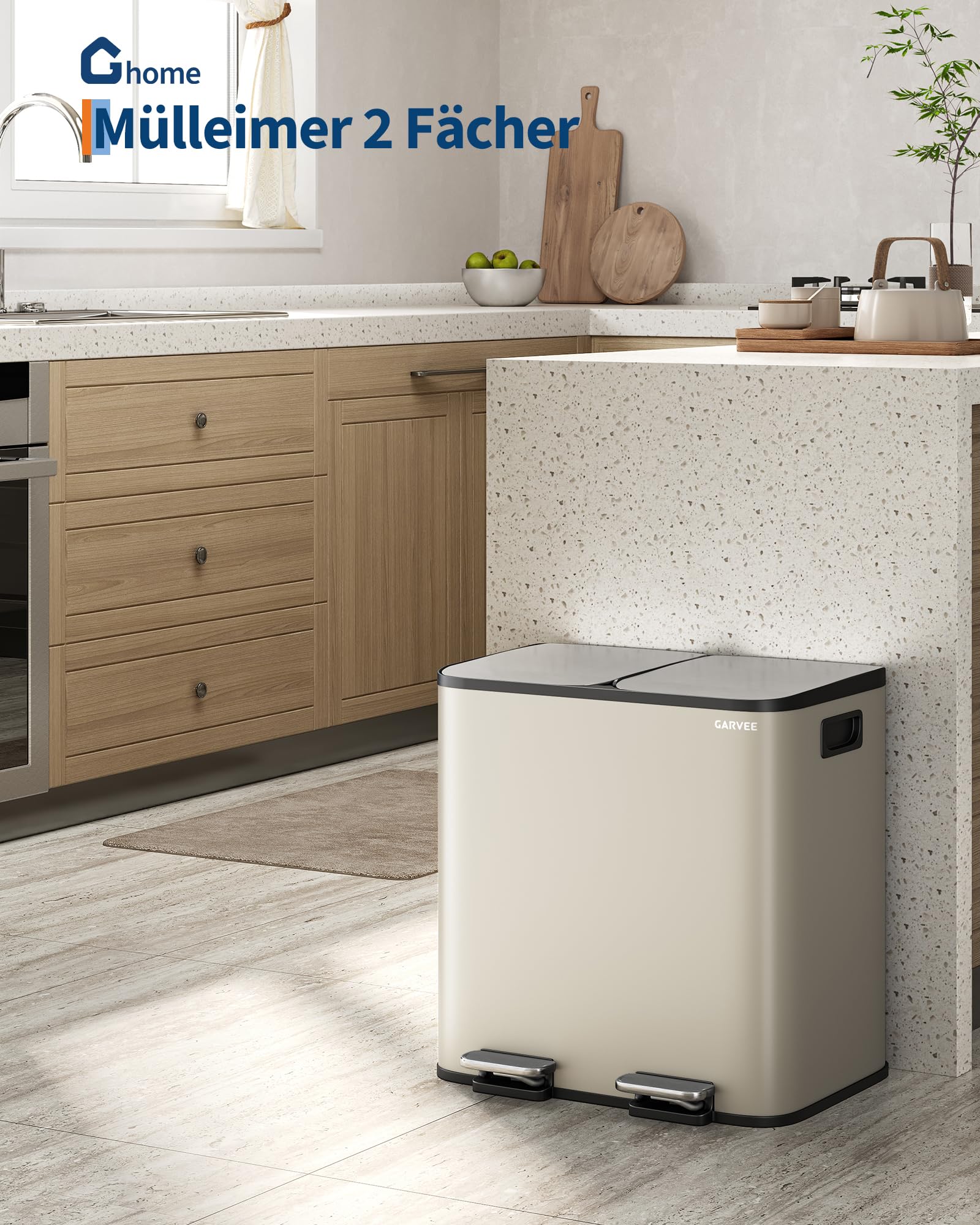 GarveeHome Pattumiera Cucina 2x15L Separazione Rifiuti, Pedale Acciaio Inox Pedali Separati Chiusura Ammortizzata,Secchi Interni Rimovibili Riciclaggio Organici Domestici (Bianco)