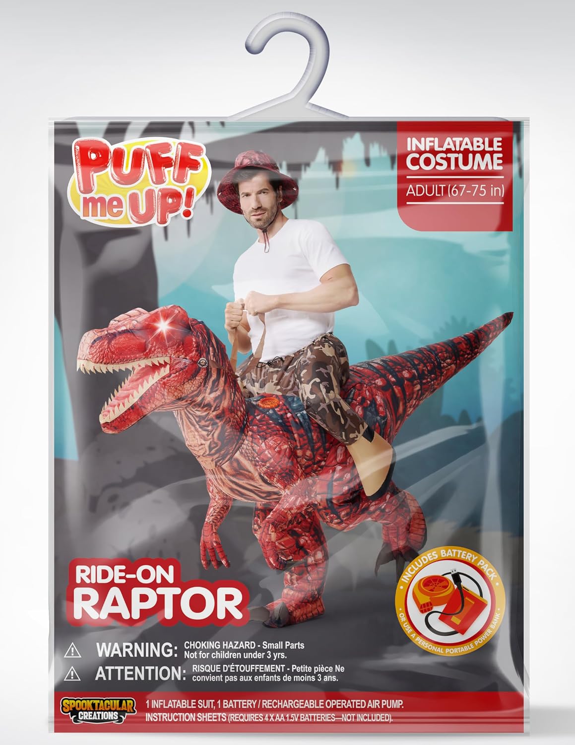 Spooktacular Creations Inflatable Dinosaur Costume Adult, Light Up Ride On Raptor Blow up Suit for Halloween Themed Parties