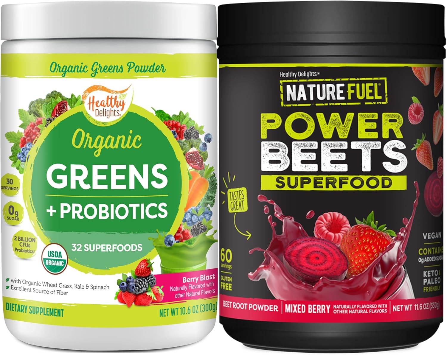 Healthy Delights Bundle Berry Flavor: Nature Fuel Power Beets Powder, Natural Energy & Stamina, 60 Servings (Packaging May Vary) + Healthy Delights - Naturally Boost Energy, USDA Organic, 30 Servings