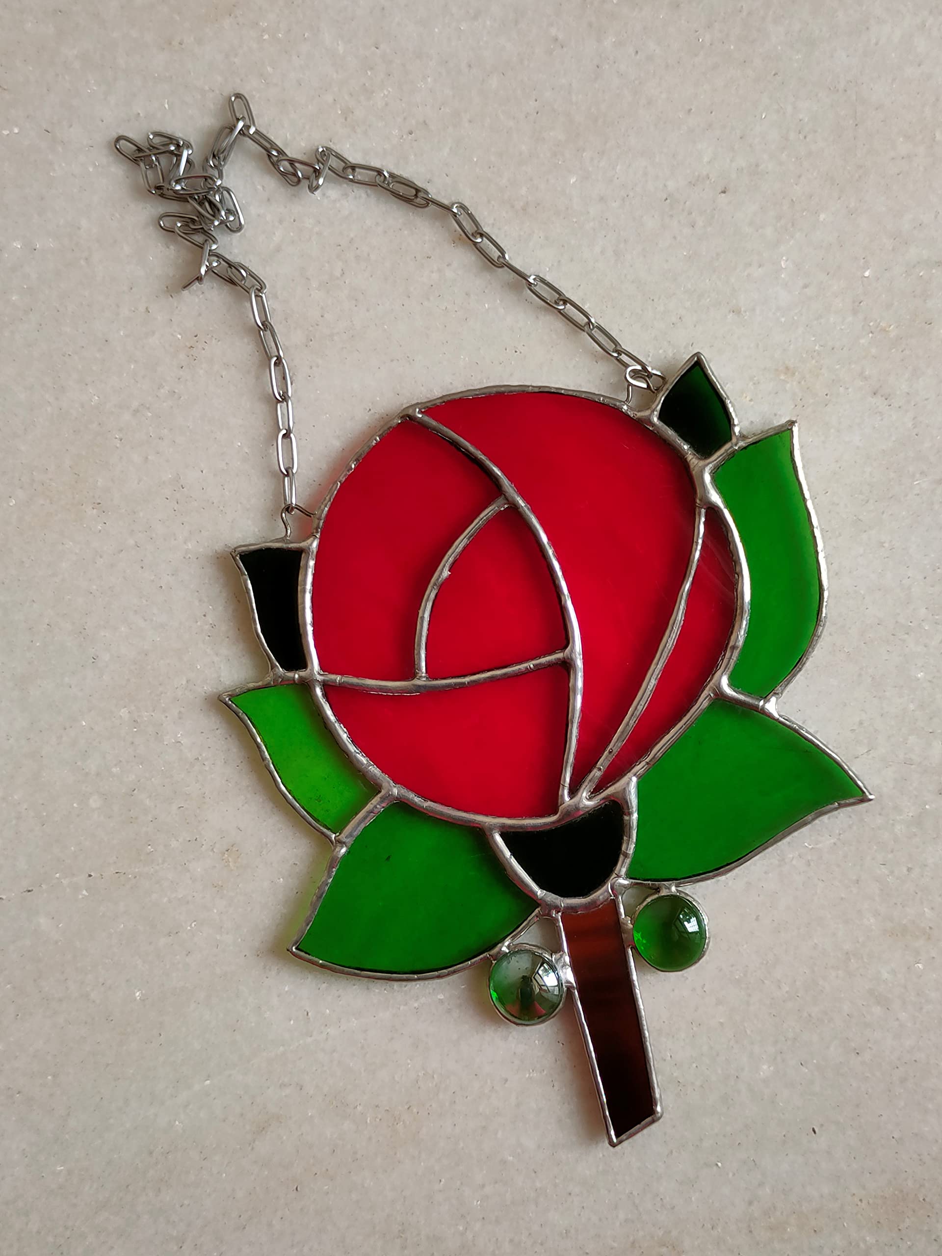 NICHE KRAFTS Stained Glass ‘Red Rose’ Hanging, Decoration, Home Décor, Handmade, Tiffany Style, Flower & Leaves, Unique, Size 7.5”x 6.3” 3