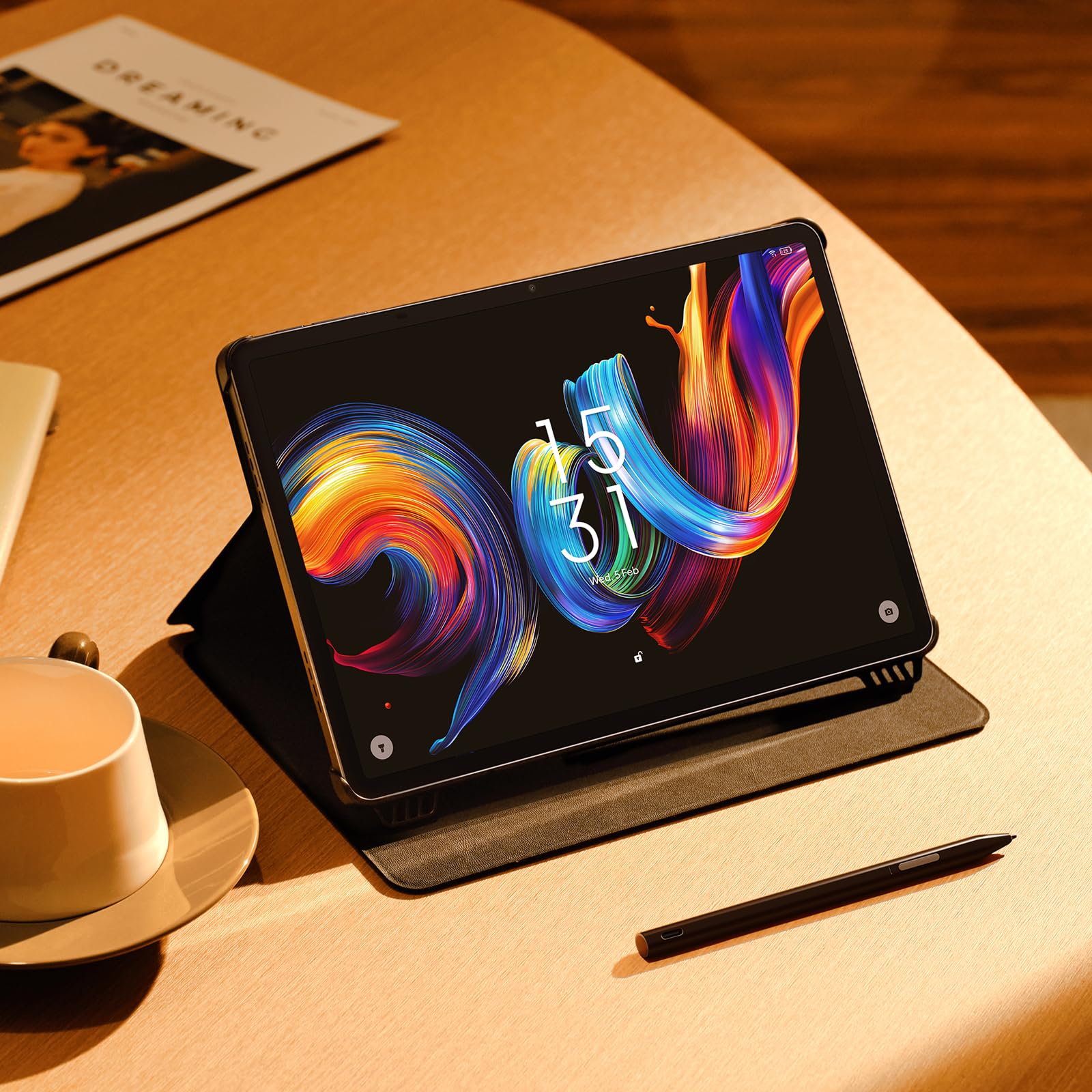 TCL Étui pour Tablet NXTPAPER 11 Plus – Housse Protectrice Slim en Cuir PU avec 3 Positions Réglables, Porte-Stylo Magnétique, Fonction Veille/Réveil Auto, Noir