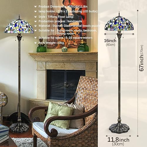 Miniatura 6 de Tiffany - Lámpara de pie estilo Tiffany con carcasa natural y amatista, 70 pulgadas de alto, luz de lectura de pie Tiffany antigua para esquina,