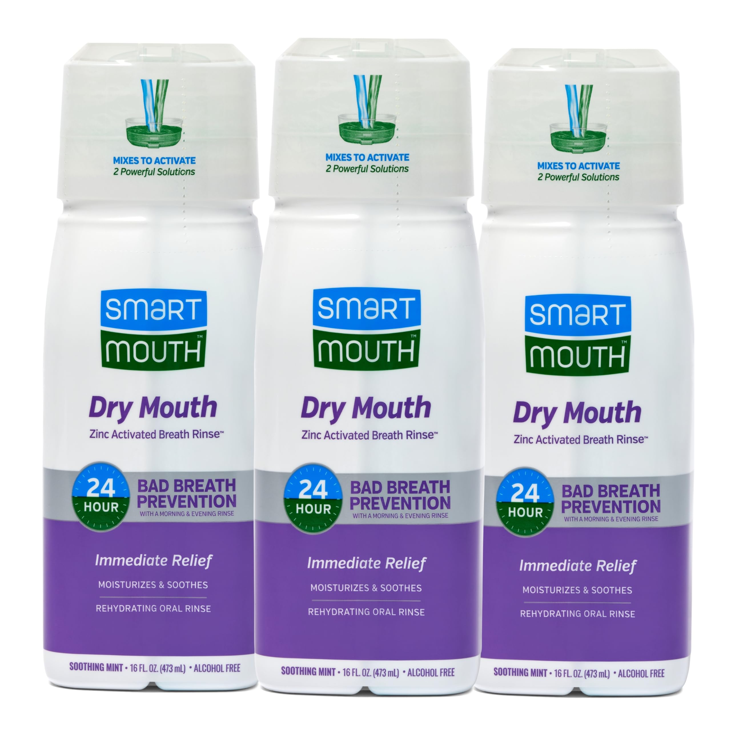 SmartMouth Activated Dry Mouth Mouthwash, Dry Mouth and Bad Breath Relief, Mint, 16 fl oz, 3 Pack