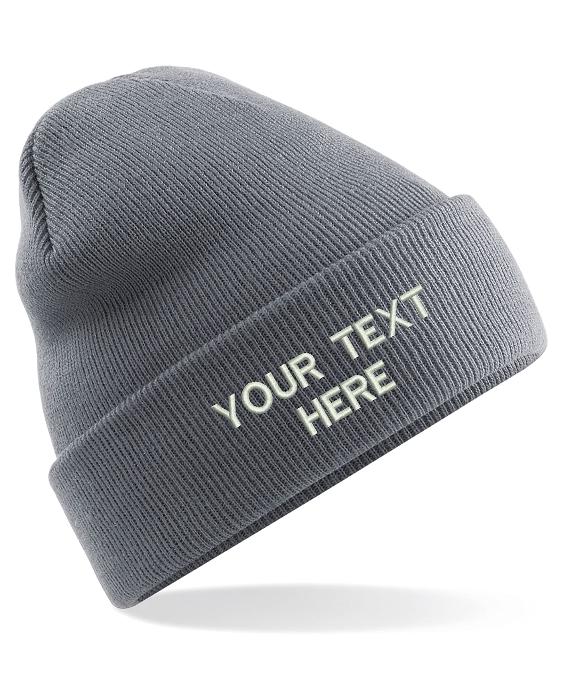 Personalised Embroidered Your Text Beanie, Knitted Cap Your Name Hat Unisex Gift (Graphite Grey)