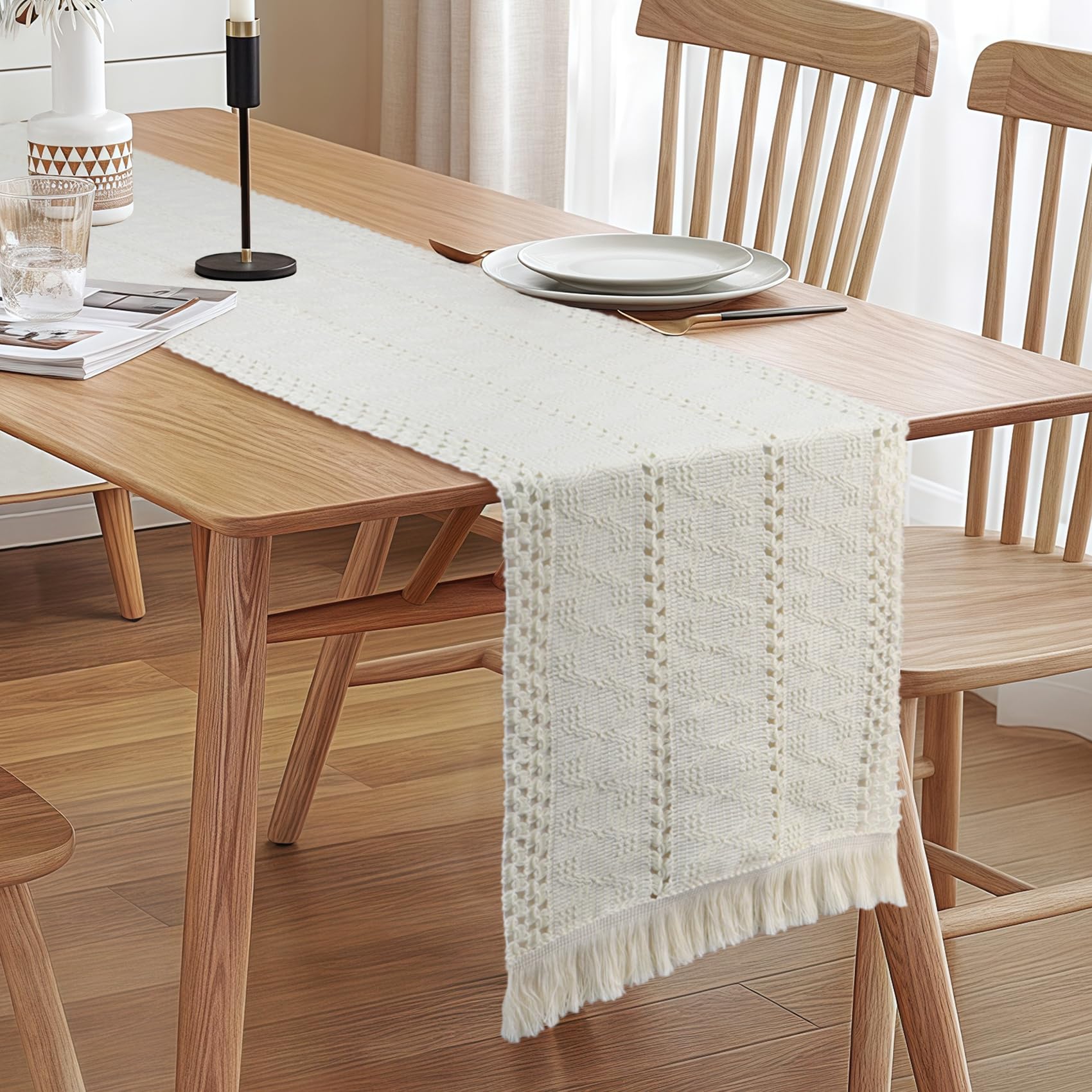 SITUMEIZI Camino de mesa bohemio de macramé beige con borlas, tejido rústico, camino de mesa para cocina, mesa de comedor, 48 pulgadas
