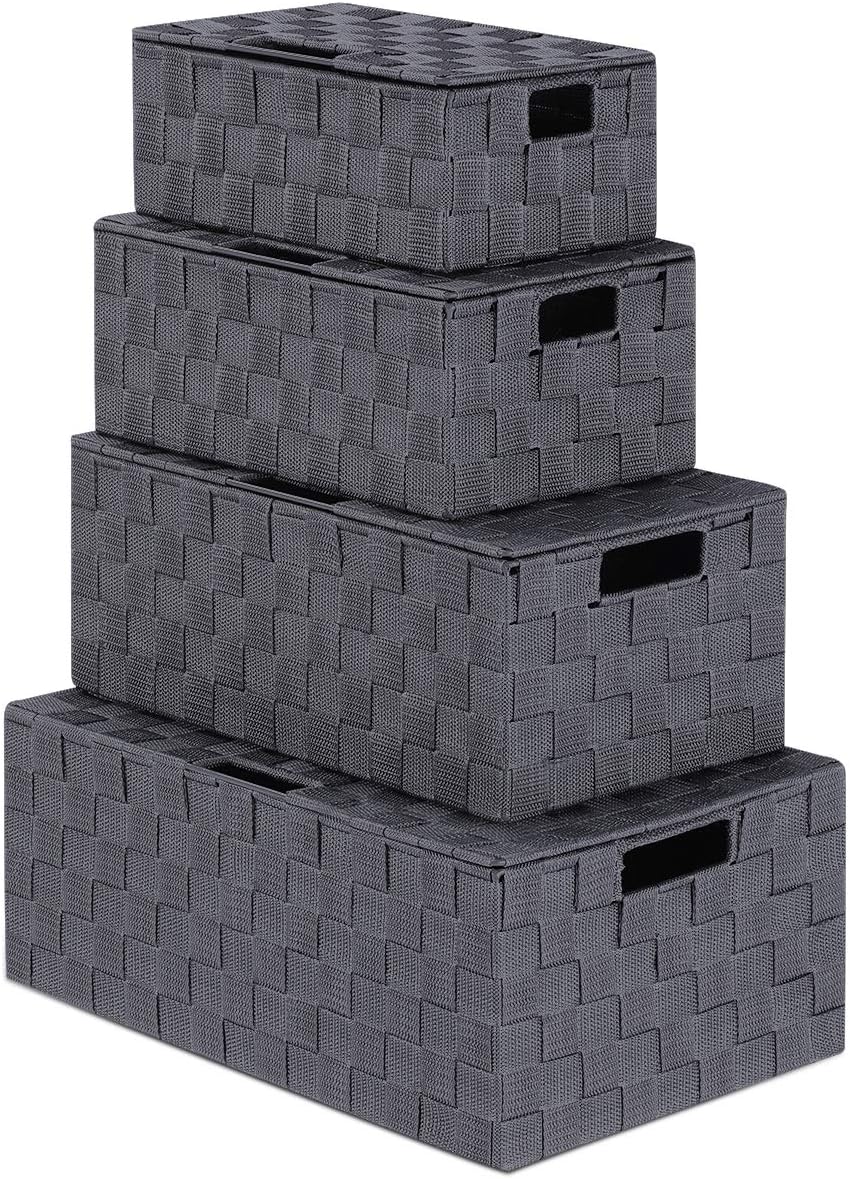 Woven Storage Basket, Woven Storage Box, Nylon Woven Box Basket with Lid, Grey Woven Basket Stackable Storage Basket, Woven Strap Organizer, 4 Pack Grey …