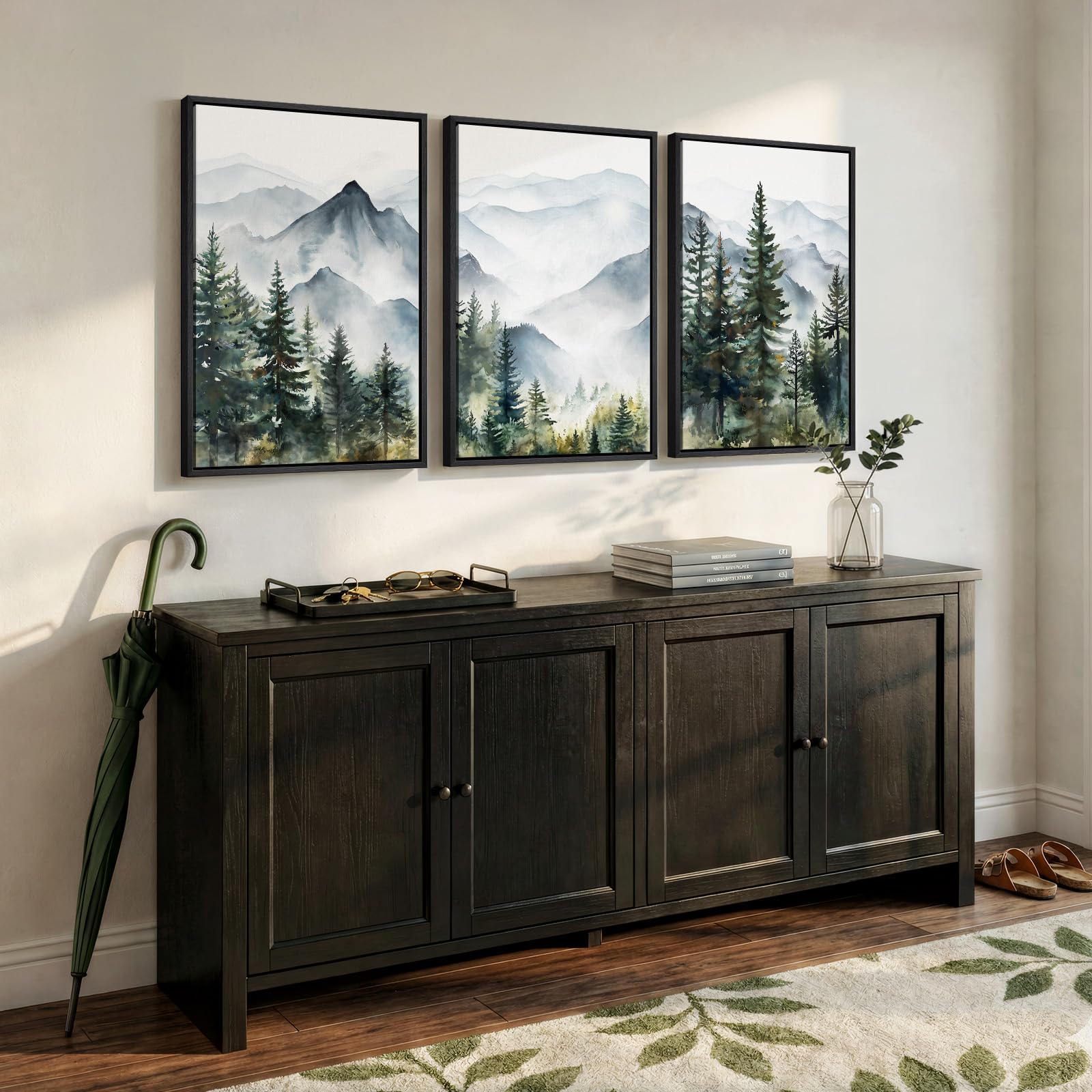 framed mountain landscape wall art for living room, 3 piece nature foggy forest canvas artwork for walls, scenic pine tree paintings print wall decor for bedroom dining room office hallway, 16x24 inch