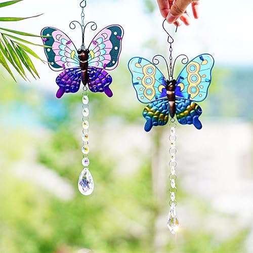 Miniatura 8 de Juego de 2 atrapasoles de mariposa de metal para ventanas  Decoración de pared de valla al aire libre de 14 pulgadas, prismas de arco iris con
