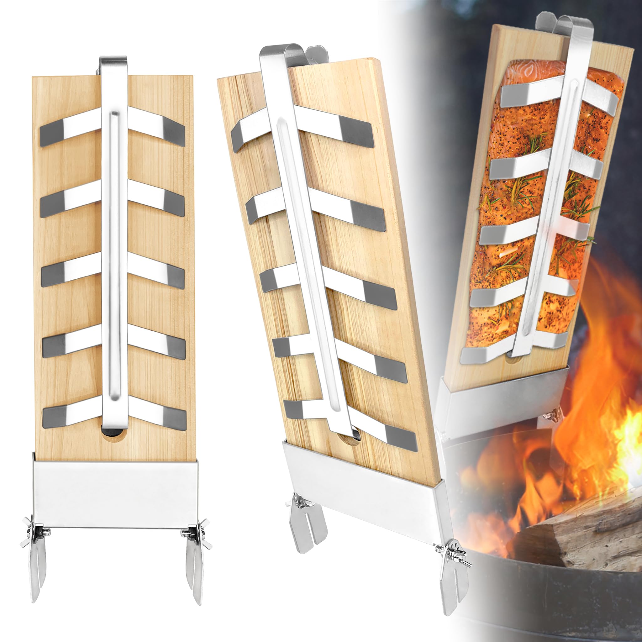YRHome Lot de 2 planches à saumon flammé avec support en acier inoxydable - 5 niveaux réglables - Brasero à fumer - Barbecue extérieur - Planche en bois de cèdre - Charge maximale : 2,5 kg