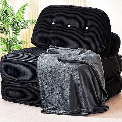 Folding Sofa Bed, Flannel Futon Couch Bed with Pillow and Blanket, Convertible Sleeper Chair for Small Space Apartment Guest Room, Black