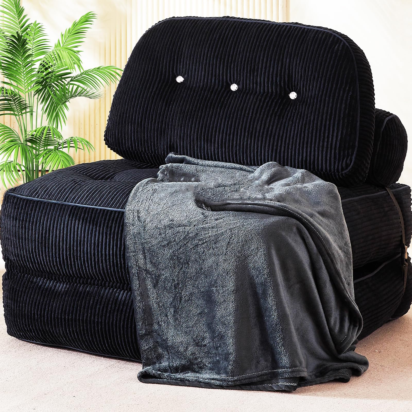 NESLAKO Folding Sofa Bed, Flannel Futon Couch Bed with Pillow and Blanket, Convertible Sleeper Chair for Small Space Apartment Guest Room, Black