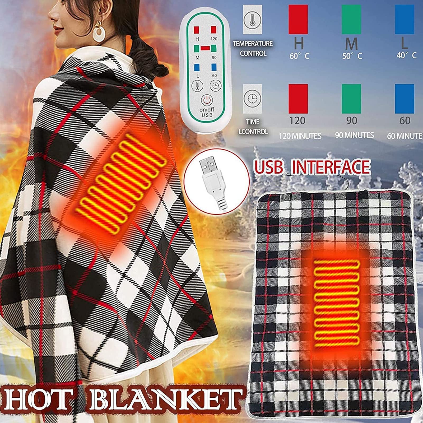 Elektryczny podgrzewany koc, elektryczny zimowy ciepły flanelowy w kratę Podgrzewany koc USB z guzikami Poręczny bezprzewodowy koc do owijania Elektryczna podkładka grzewcza z regulacją temperatury w