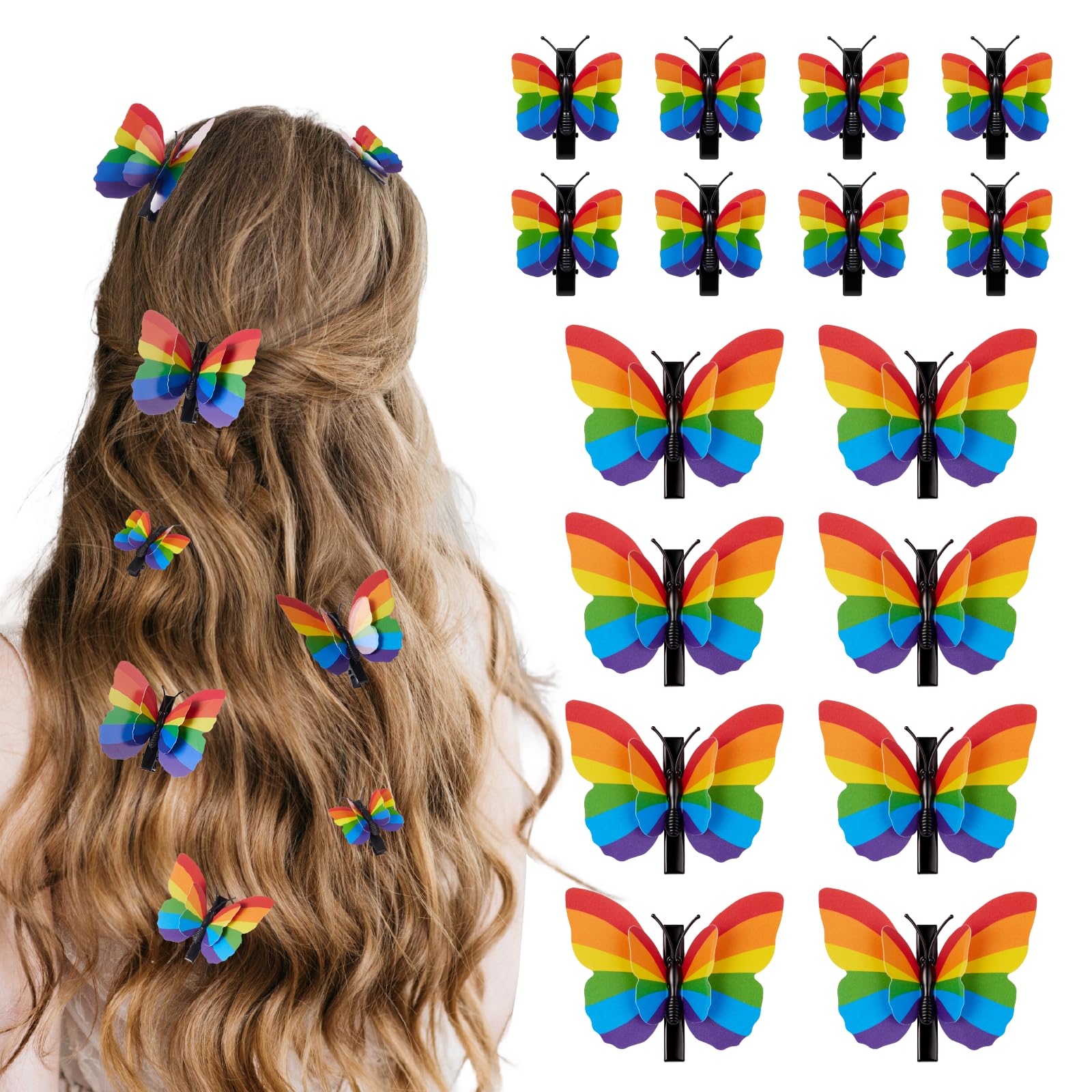 Photo 1 of 16PCS Pride Rainbow Butterfly Hair Clips – 8 Large & 8 Small with Foldable Wings for Pride Parade, Rainbow Hair Accessories for LGBTQ Day Celebration Outfit