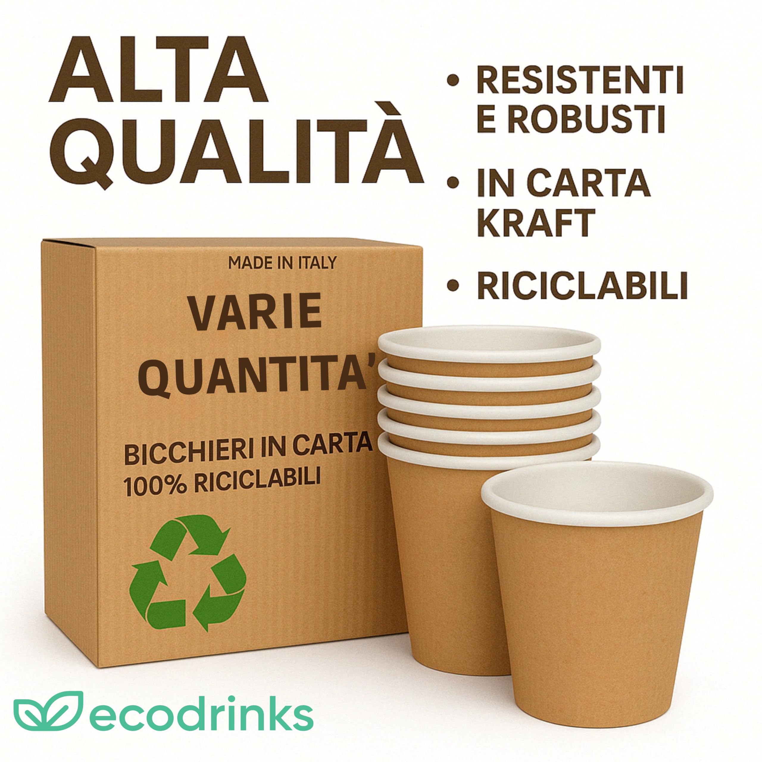 ecodrinks - 500 Bicchieri Caffe Carta Da 90ml - Set Bicchierini Monouso per Bevande Calde/Fredde - Biodegradabili, Eco-friendly e Made in Italy, Avana