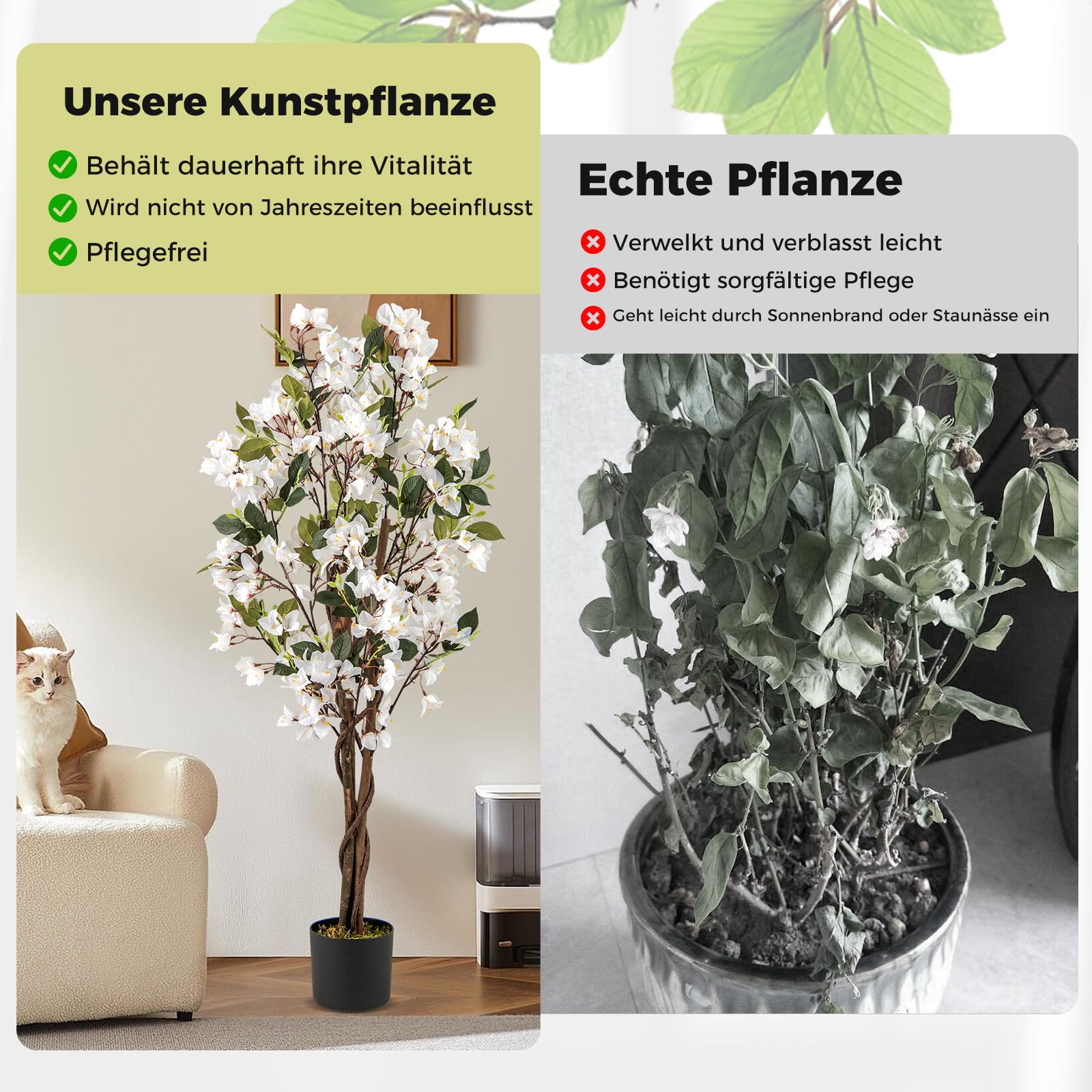 COSTWAY 120 cm Kunstbaum mit Blüten, Kunstpflanze im Topf, Künstlicher Bougainvillea Baum, Fake Topfpflanze, Künstliche Pflanzen für Indoor Outdoor Schlafzimmer Büro Garten Dekoration (Weiß,1)