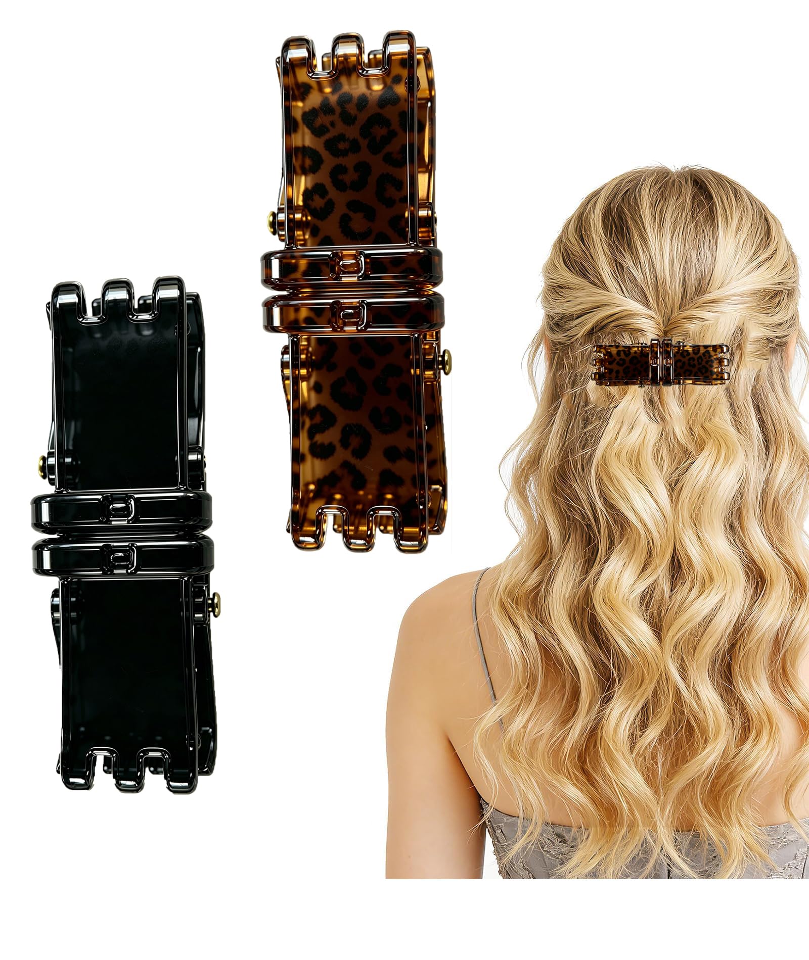 2 Pcs Hair Clutchers for Women, Magnetic Hair Clip, 2-in-1 Section Clips for Hair Styling, Daily Use and Professional Salon Clutcher Hair Accessories, Rectangular Black and Brown Leopard Print-image-35