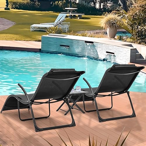 Miniatura 2 de MoNiBloom Juego de 3 tumbonas para exteriores, silla de patio con mesa auxiliar plegable para patio trasero junto a la piscina, tumbona transpirable