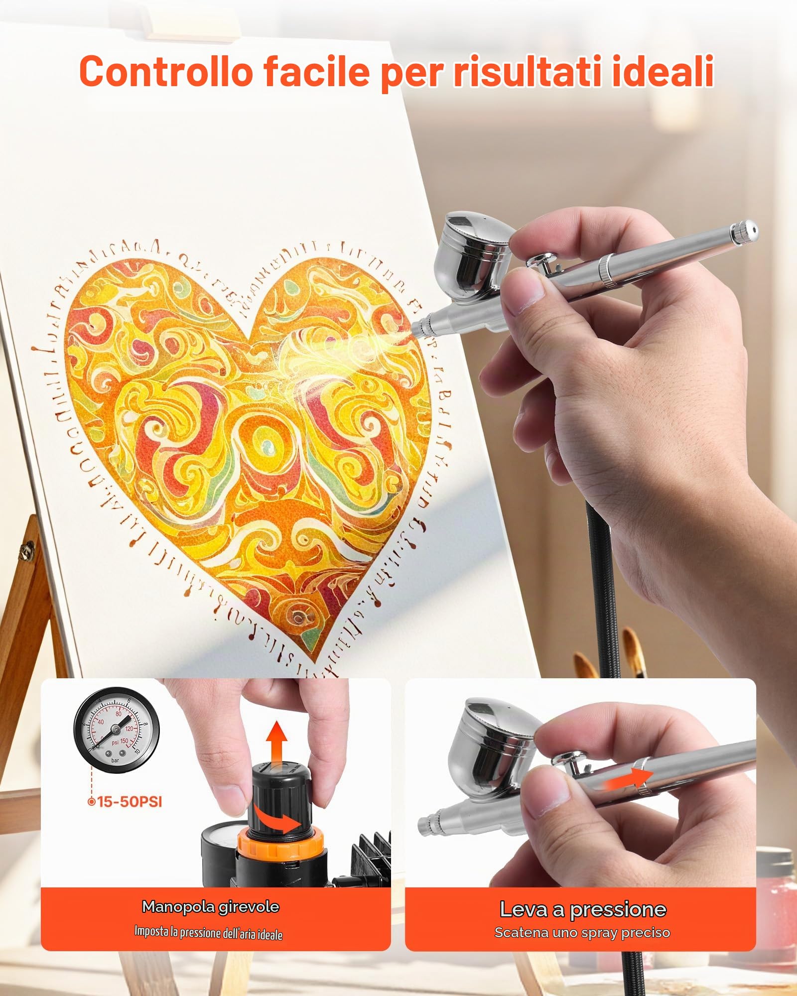 VEVOR Set Aerografo 1/6 HP con Compressore d'Aria, 3 Spruzzatori Aerografo a Doppia Azione con 3 Ugelli (0,3/0,3/0,35 mm) Flusso d'Aria 20-23 L/min, per Decorazione di Torte, Pittura di Modelli