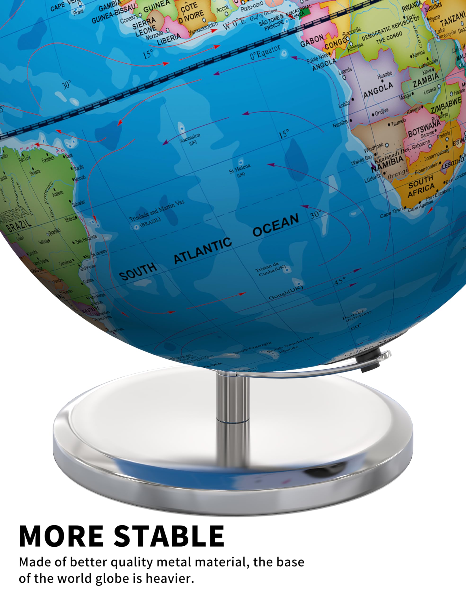 Globo del mundo de 13 pulgadas con base estable de metal pesado, globo educativo para el aprendizaje de los niños, lámpara de globos grandes con detalles coloridos del mapa del mundo HD 5