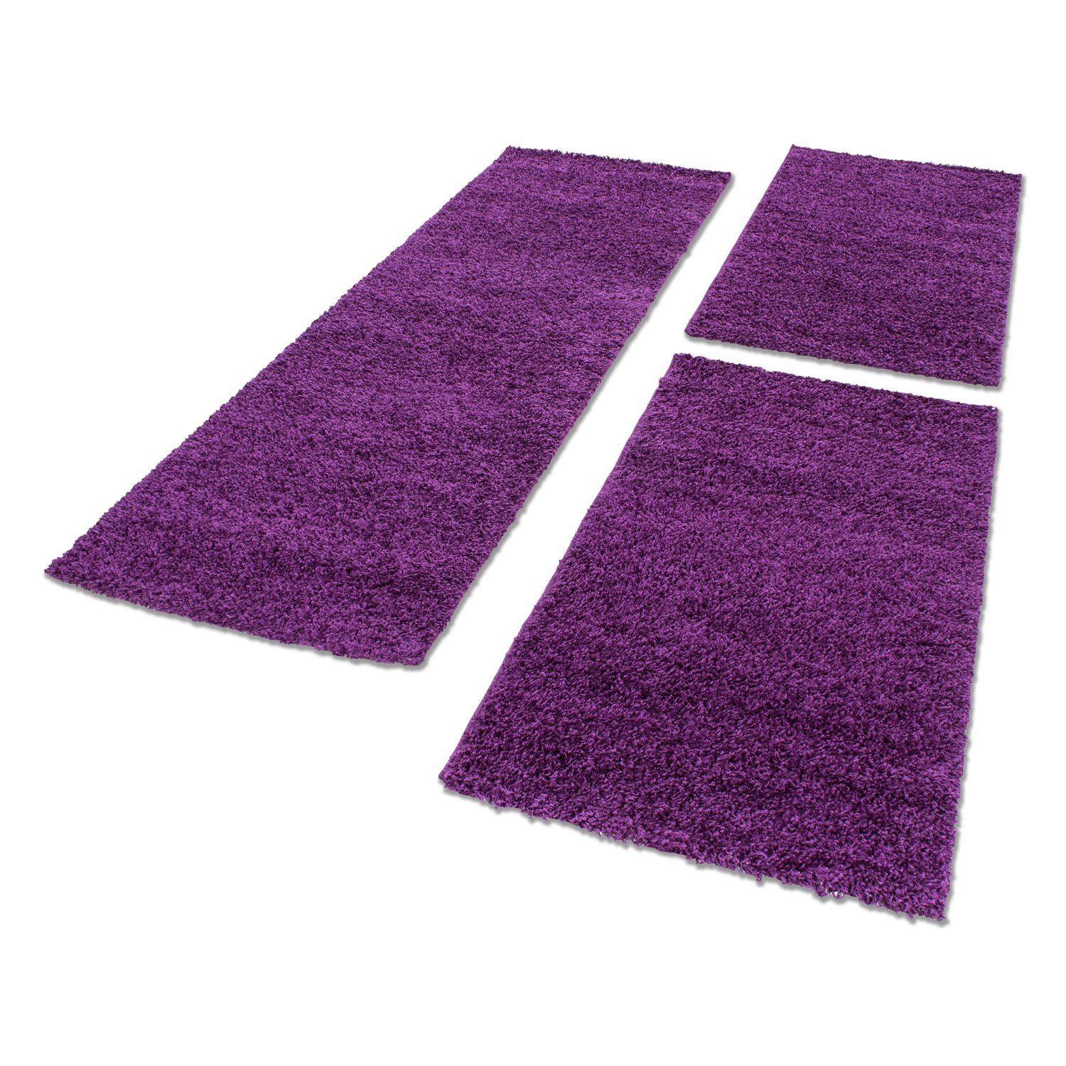Carpettex Osłona łóżka do sypialni, 3-częściowy dywan shaggy, wysokie runo, jednokolorowy, fioletowy, zestaw łóżka: 2 x 60 x 110 + 1 x 80 x 250 cm, dywanik nocny, zestaw dla biegaczy, miękki, puszysty