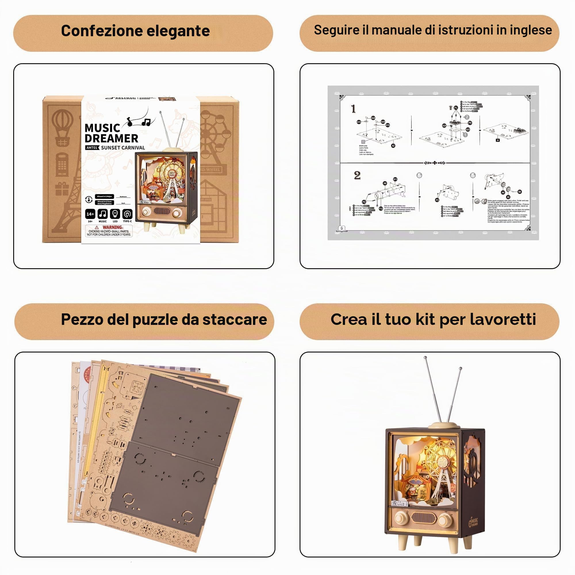 RoWood Puzzle 3D Carillon e Luce Notturna in Legno | Modellismo da Costruire Modellini da Costruire per Adulti | Regali di Natale di Compleanno per Adulti Adolescenti