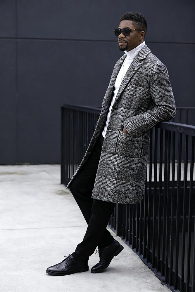 UANEO Mens Trench Coat Single Breasted Plaid Mid Long Peacoat Pea