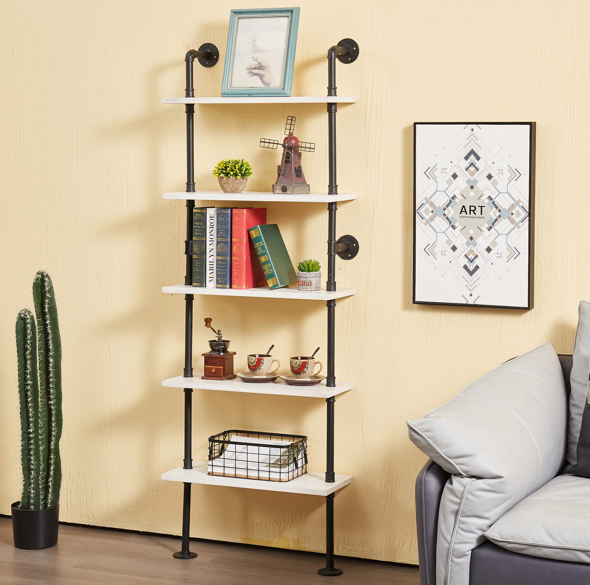 Photo 1 of 5 Tier Industrial Ladder Shelf Bookcase, Wall Mounted Rustic Bookshelf, Retro Wood Metal Pipe Industrial Shelves for Living Room Decor and Storage (White, 5 Tier - 10" D x 24" W x 70" H) White 5 Tier - 10" D x 24" W x 70" H