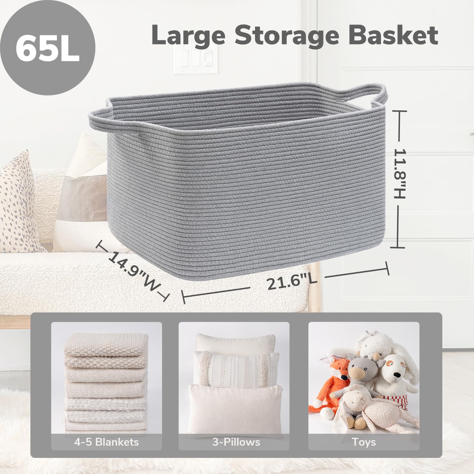 TIMEYARD Cesto portabiancheria grande, 65 l, intrecciato, grigio | Cesto moderno per biancheria e giocattoli. Organizzazione perfetta per soggiorno, bagno e cameretta dei bambini
