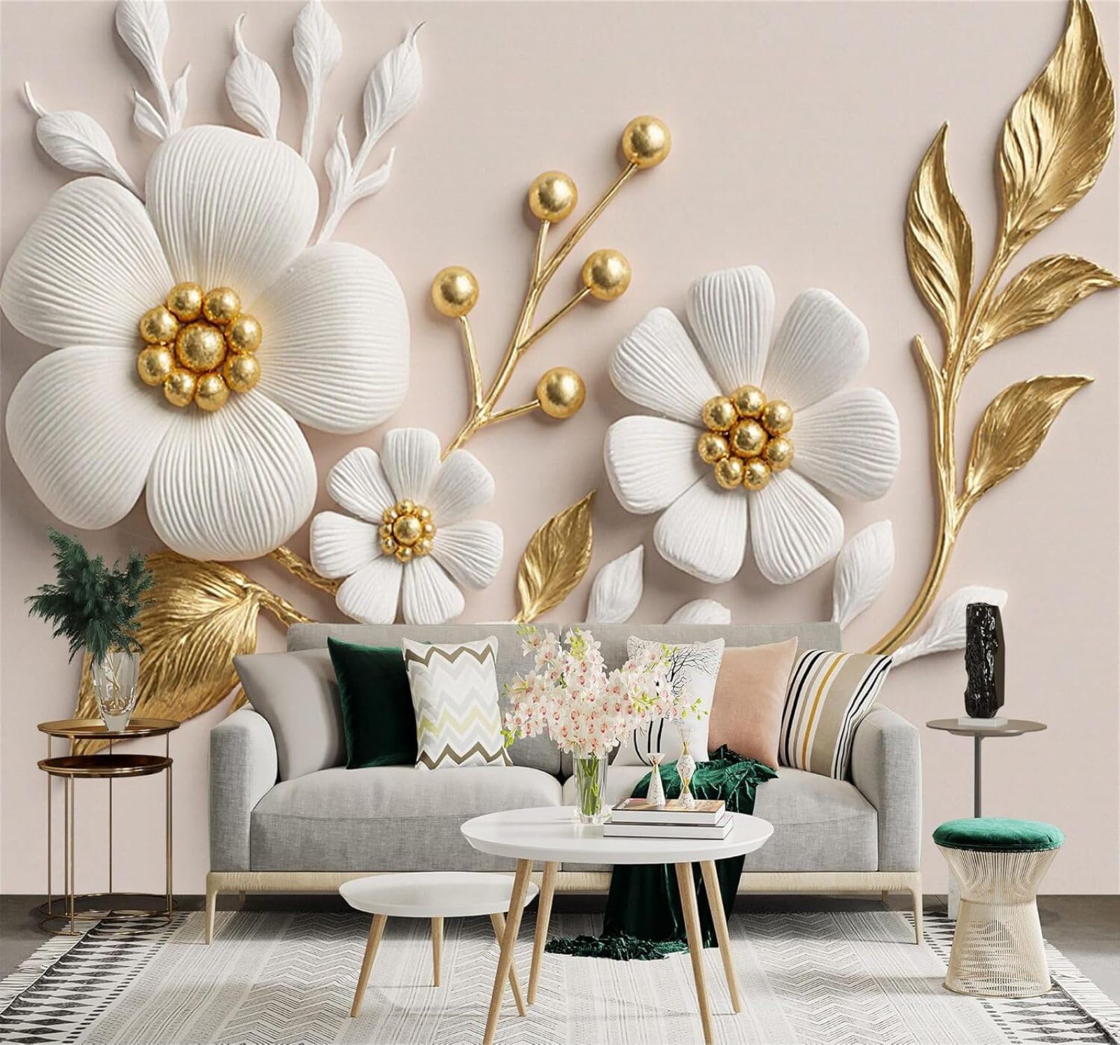 XLMING White Gold Flowers Golden Leaves Art 3D Wallpaper Silky Texture Home Study Office Grey Dining Room Sofa Bedroom Living Room TV Backdrop-250cm×170cm