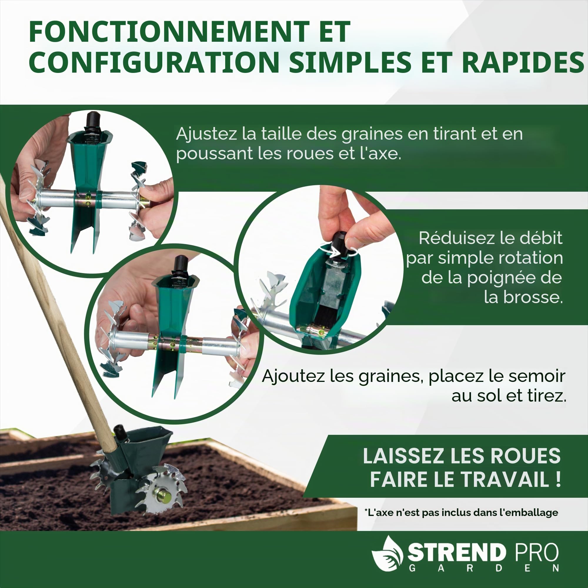 STREND PRO Semoir manuel - Métal - Simple rangée - Taille de graines réglable (1,5 ; 3,5 ; 5 mm) - Épandeur de graines pour petites surfaces, parterres, jardin, serres - Épandeur de graines manuel